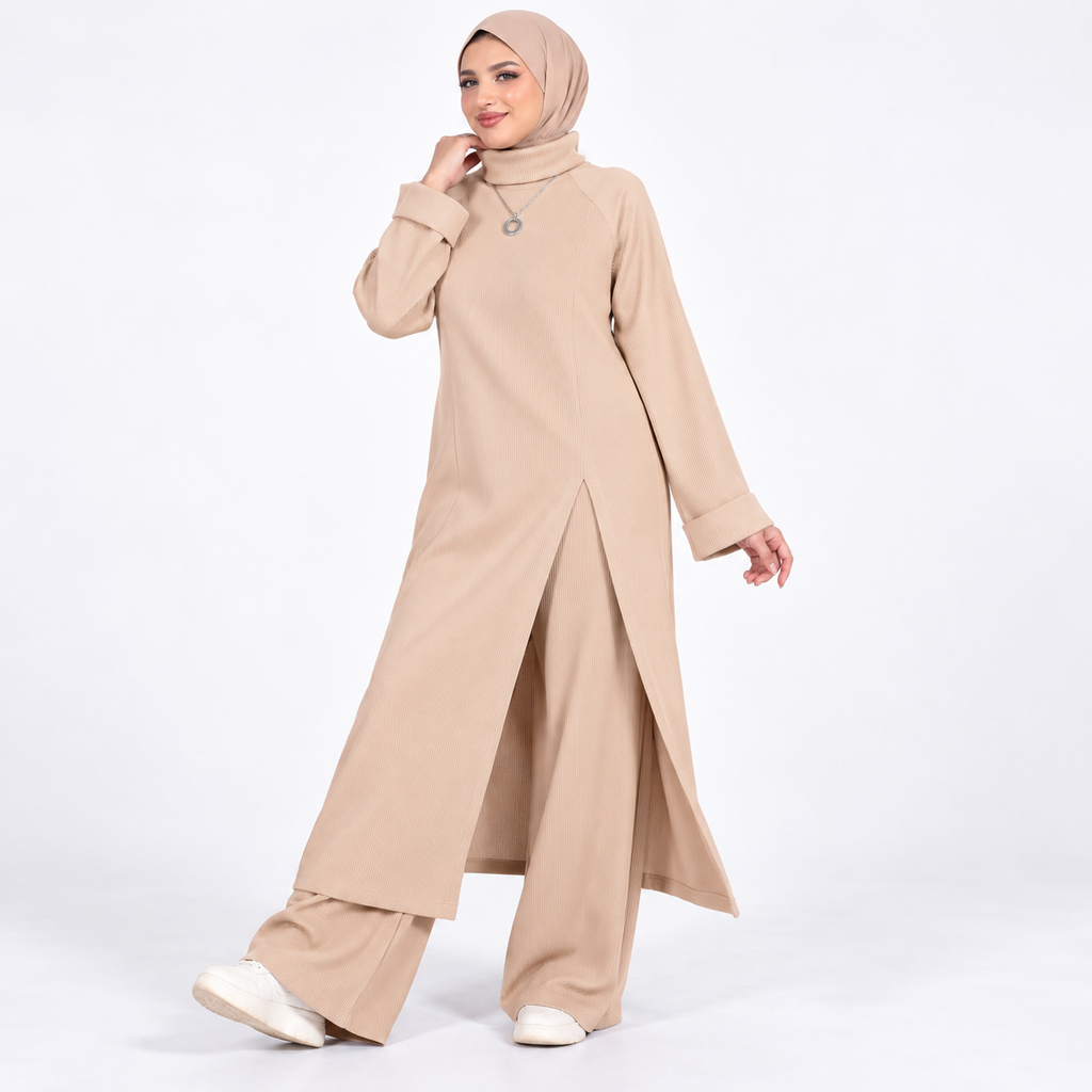 Beige Ribbed Two-Piece Set