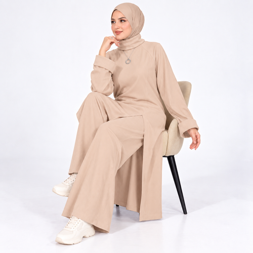 Beige Ribbed Two-Piece Set