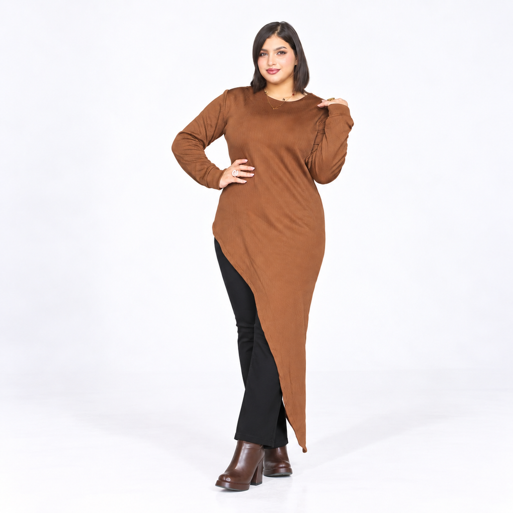 Ribbed Asymmetrical Tunic – Caramel Brown