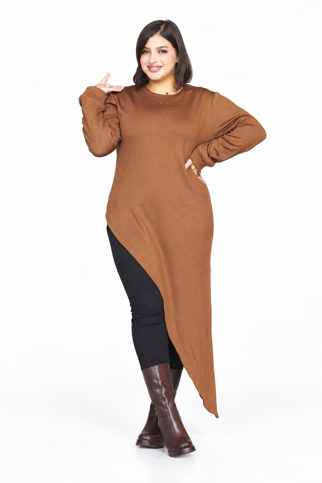 Ribbed Asymmetrical Tunic – Caramel Brown